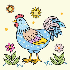 Cartoon Rooster Surrounded by Flowers and Sun chicken