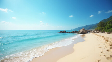 Beautiful sandy beach with clear turquoise water and distant mountains under a bright blue sky