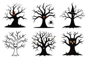 Haunted Tree Silhouettes with Lanterns – Spooky Halloween Forest Vector Set
