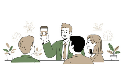 Illustration of a Business Team with Coffee Cups in a Minimalistic Office Setting