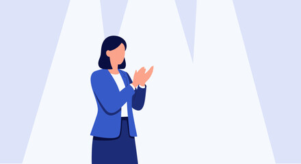 Illustration of a business woman clapping under spotlights for success and appreciation