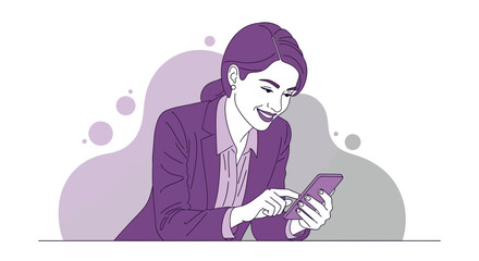Illustration of a business woman using a smartphone looking happy and smiling