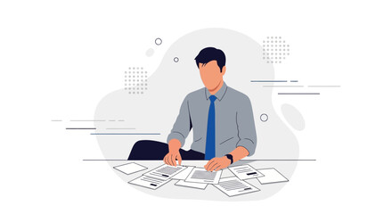 Illustration of a Businessman Analyzing Documents and Working in a Modern Office Setting