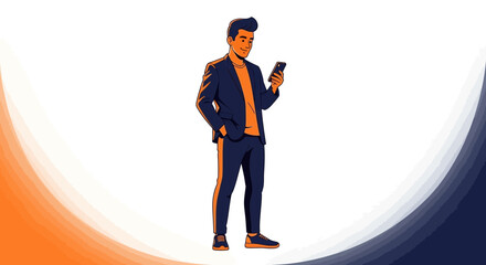 Illustration of a Man Using a Phone in Elegant Attire Inside a Creative Background