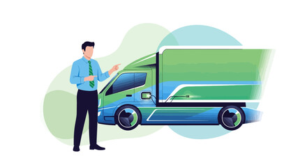 Illustration of a businessman presenting an electric delivery truck for sustainable transport