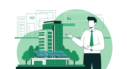 Illustration of a businessman presenting a sustainable building with solar panels