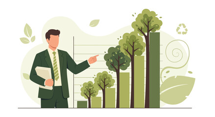 Illustration of a businessman presenting a growing green business graph of trees for environment