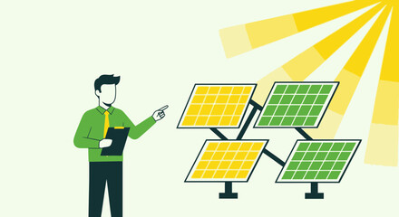 Illustration of a businessman presenting solar panels representing green energy promotion