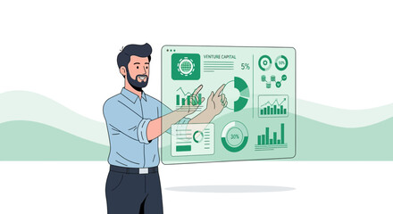 Illustration of a businessman presenting venture capital data analysis and financial reports