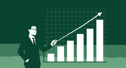 Illustration of a businessman presenting increasing sales and financial growth in a chart