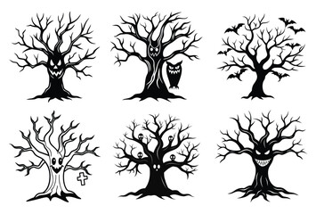 Haunted Tree Silhouettes with Lanterns – Spooky Halloween Forest Vector Set
