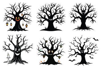 Spooky Halloween Trees with Eyes and Lanterns – Scary Haunted Tree Vector Set
