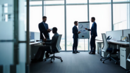 Blurred background of a business meeting in a modern office with panoramic windows. Four people in business suits discuss charts on a flipchart, creating a sense of dynamic teamwork and collaboration
