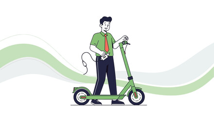 Illustration of a man with an electric scooter and a charger, eco-friendly transportation
