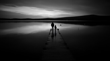 Fototapeta premium A father and child walk along a pier, silhouetted against a serene lake at dusk, capturing a tranquil moment.