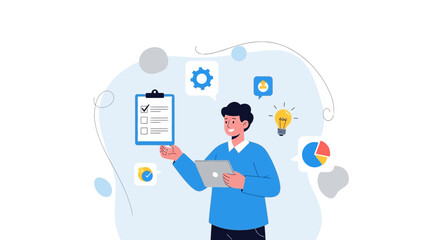 Illustration of a man with task management and business process concepts