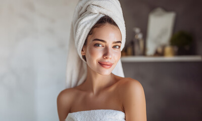 Senior Woman Enjoying Relaxing Skincare Routine at Home Applying a Facial Mask with a Towel on Her Head. Beauty and self-care concept