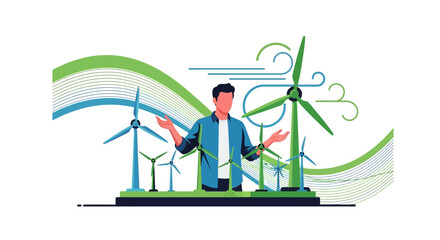 Illustration of a man with wind turbines, representing renewable energy for sustainability