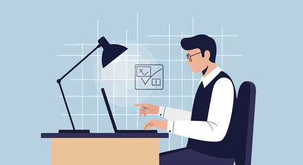 Illustration of a man working on a laptop at a desk with a lamp and interface
