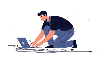 Illustration of a man working on a laptop computer with tangled cords on the floor
