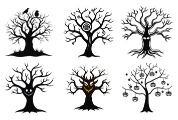Spooky Halloween Trees with Eyes and Lanterns – Scary Haunted Tree Vector Set
