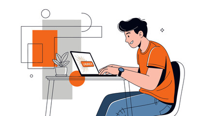 Illustration of a man working on a laptop with a modern design and style