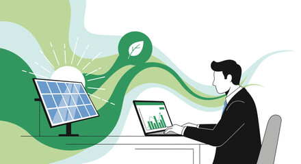 Illustration of a Man Working on a Laptop With a Solar Panel Depicting Eco-Friendly Energy