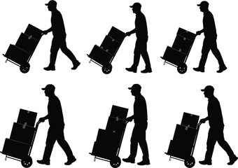 Hand truck silhouette, box transport, delivery worker, pushing motion, logistics task, posture variation, warehouse action, vector icon, ergonomic study, manual handling