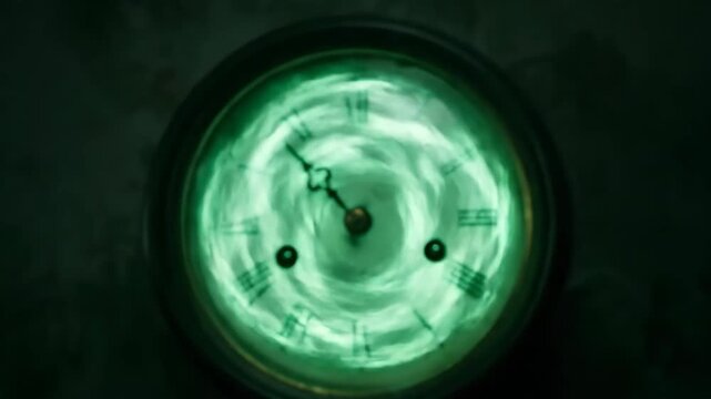 Glowing green clock face with Roman numerals showing time in vintage antique style light