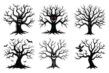 Scary Halloween Tree Clipart Set – Spooky Haunted Trees with Faces and Lanterns
