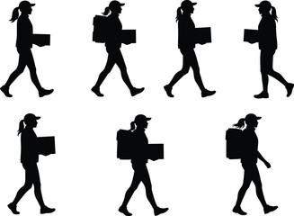 Walking silhouette, carrying box, ponytail figure, cap worker, posture variation, backpack gear, delivery motion, ergonomic study, vector icon, logistics actiont