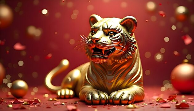 Gold statue of a tiger on a red surface with shiny metallic finish, detailed craftsmanship, and symbolic artistic decorative sculpture display