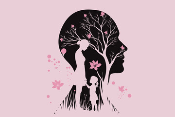 Abstract family illustration with mother and child inside human head silhouette and tree of life