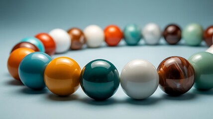Macro photo of glossy colorful plastic spheres aligned on reflective surface