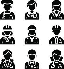 Set of professional occupation avatars in simple black glyph style.

