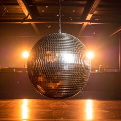Large disco ball in dimly lit space
