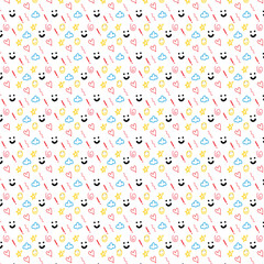 Colorful Doodle Pattern: Happy Faces, Hearts, Stars, and Clouds on White Background