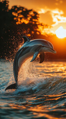 Fototapeta premium A graceful wild dolphin leaps high from the ocean waves, creating a wonderful splash against the warm golden sunset sky.