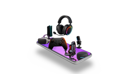 Gaming products originating from smartphones. Headset, game console, gaming chair, VR glasses, speakers, microphone. Digital Concept Animation