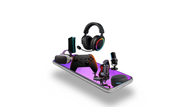 Gaming products originating from smartphones. Headset, game console, gaming chair, VR glasses, speakers, microphone. Digital Concept Animation