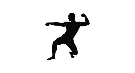 Dynamic silhouette of a muscular man performing a martial arts kick in mid-action pose