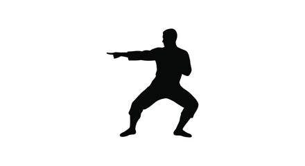 Silhouette of martial artist practicing karate in dynamic fighting stance ready to attack isolated on white