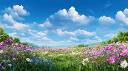 Obraz premium Vibrant meadow filled with colorful wildflowers under a clear blue sky, showcasing nature's beauty