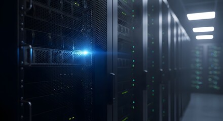 Server room with glowing blue light and rows of computer racks