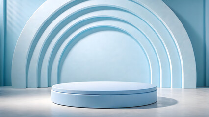 Minimalist product display stage with soft blue arches and curved platform