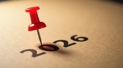 Red pushpin marking the year 2026 on a textured surface