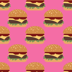Seamless burger pattern design with food illustration on pink background