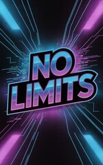 Modern motivational illustration with bold “NO LIMITS” typography, glowing tech background and circuit patterns. Futuristic artwork for digital posters or branding.