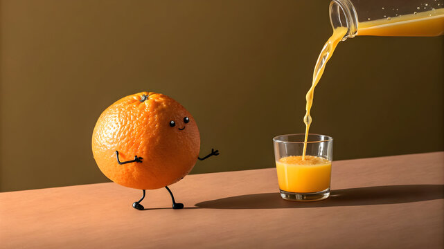 Anthropomorphic orange character watches juice pour into glass on table orange fruit cartoon orange
