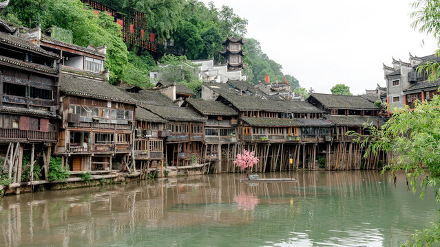 Traditional stilted wooden houses over Tuojiang River, Fenghuang
